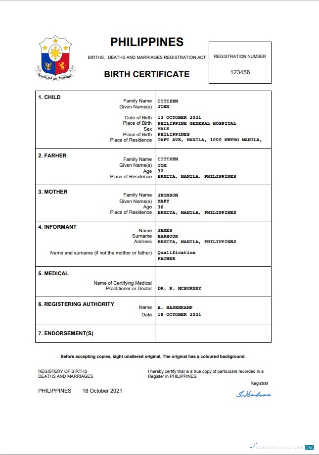 Download Philippines vital record birth certificate Word and PDF template Photoshop template